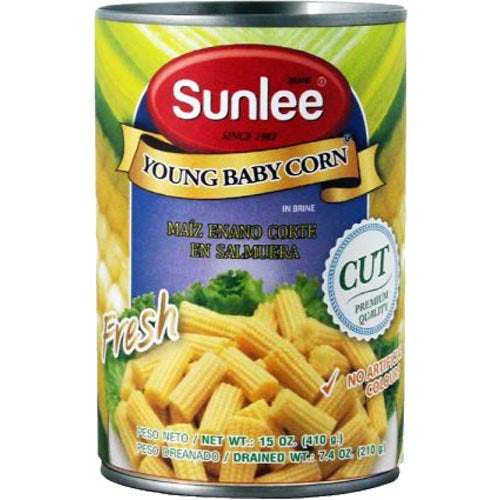 Sunlee 15-OZ Canned Cut Young Baby Corn in Brine - Ideal for Delicious Dishes