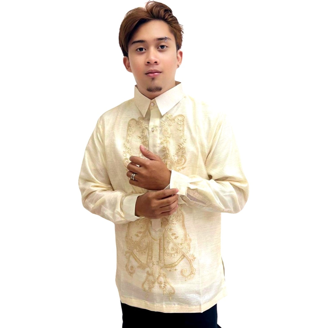 Special Offer! Brown Fish Scale Wave Design Barong Tagalog with Double Lining and Piping