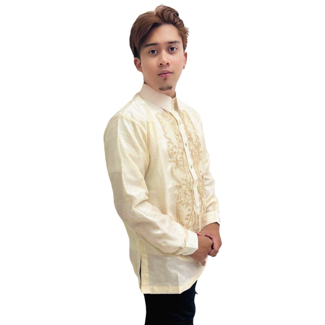 Special Offer! Brown Fish Scale Wave Design Barong Tagalog with Double Lining and Piping