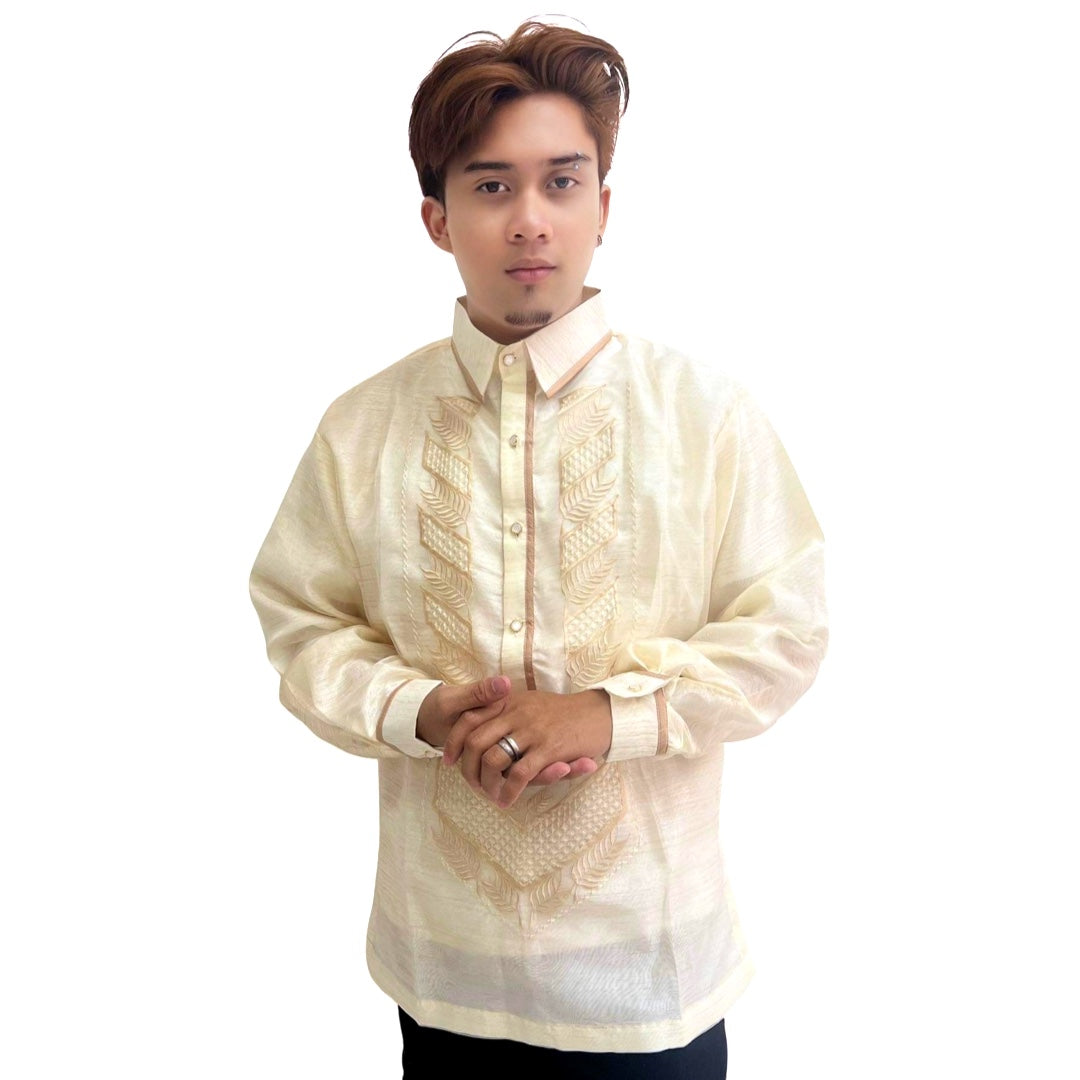 Brown Leaves Pattern Special Double - Lined Barong Tagalog with Piping