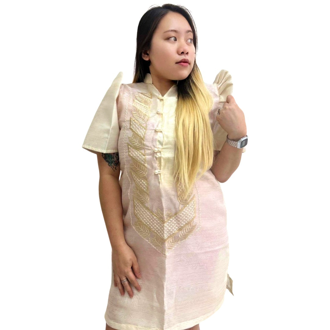 Special Double - Lined Baro't Saya Filipiniana with Piping Brown Leaf Design