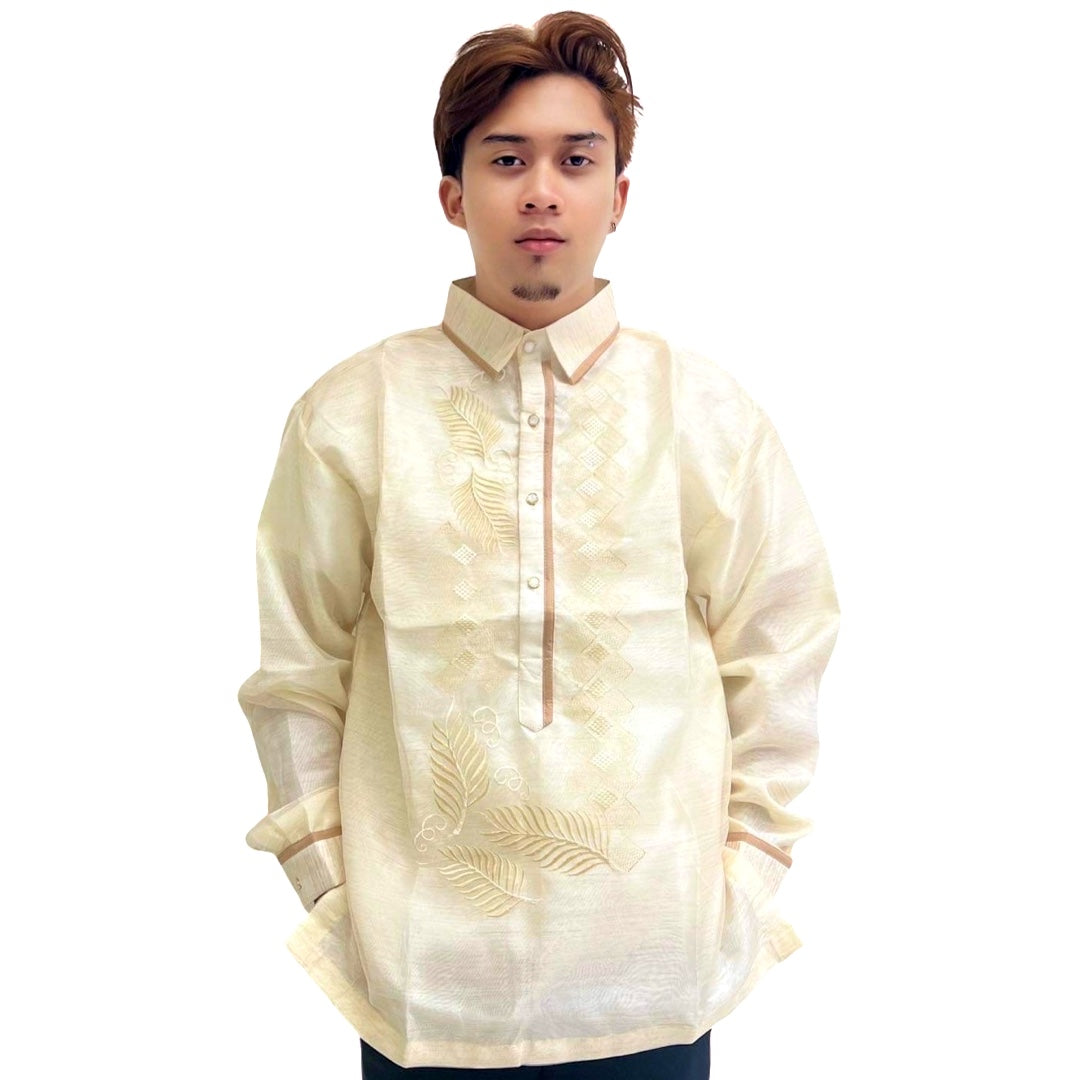 Exclusive Barong Tagalog with Double Lining, Piping and Brown Leaves Bayong Design - Special Offer