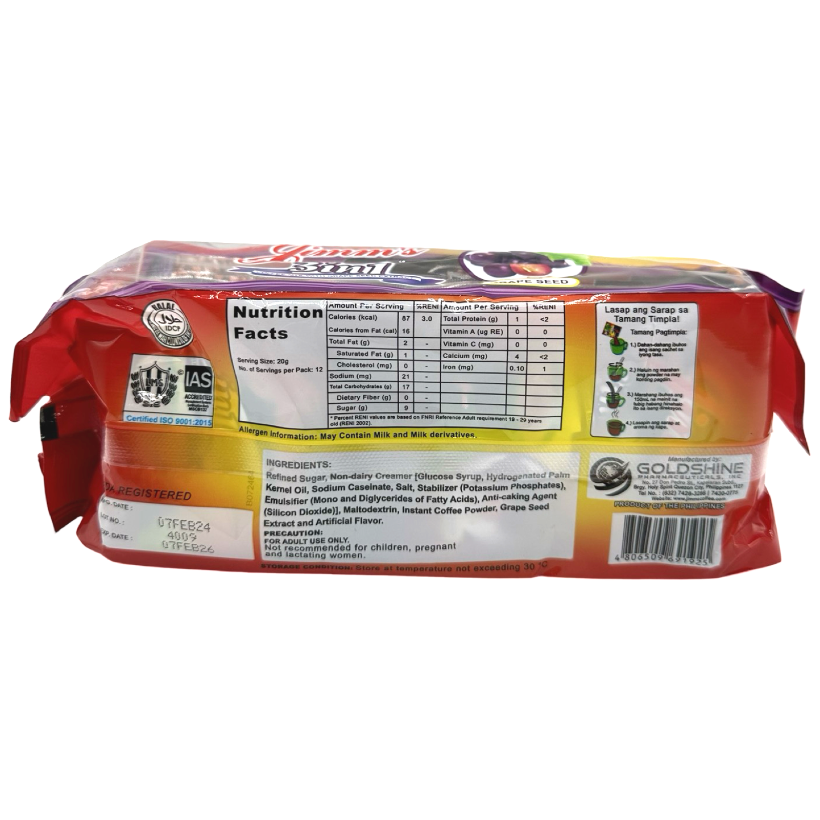 Jimm's Grape Seed 3-in-1 Coffee Mix - 12 Sachets (240 G)