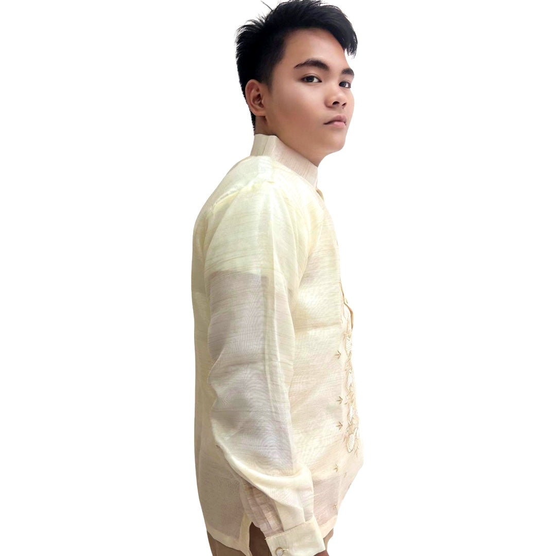 Special Double - Lined Barong Tagalog with Piping and Brown Abaca Leaves Bayong Pattern