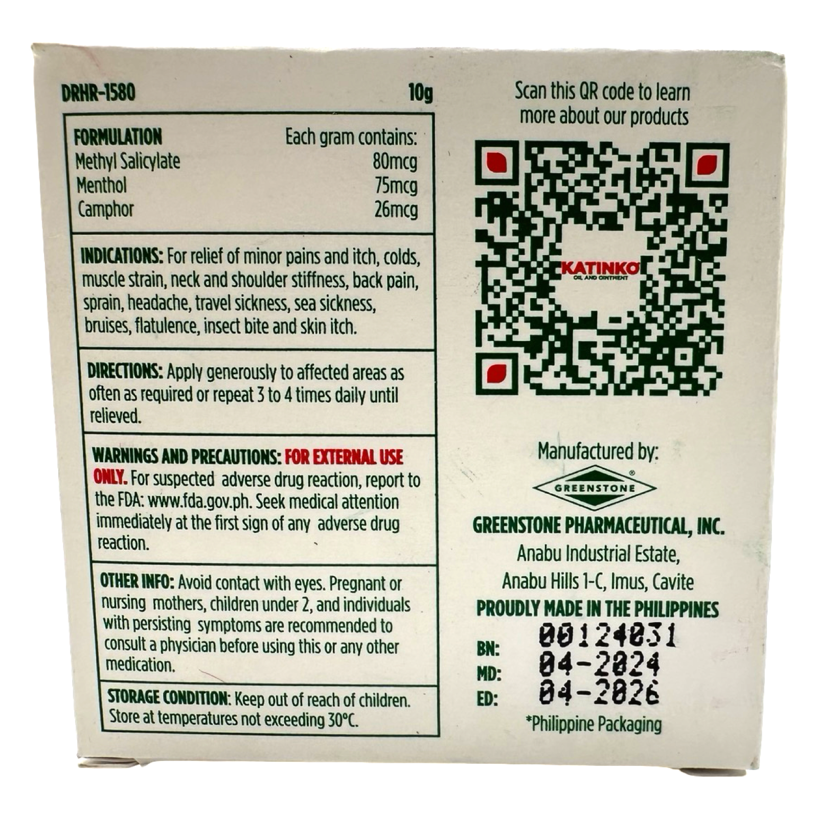 Katinko Pain & Itch Relief Ointment - Methyl Salicylate, Menthol & Camphor - 10G Small Size