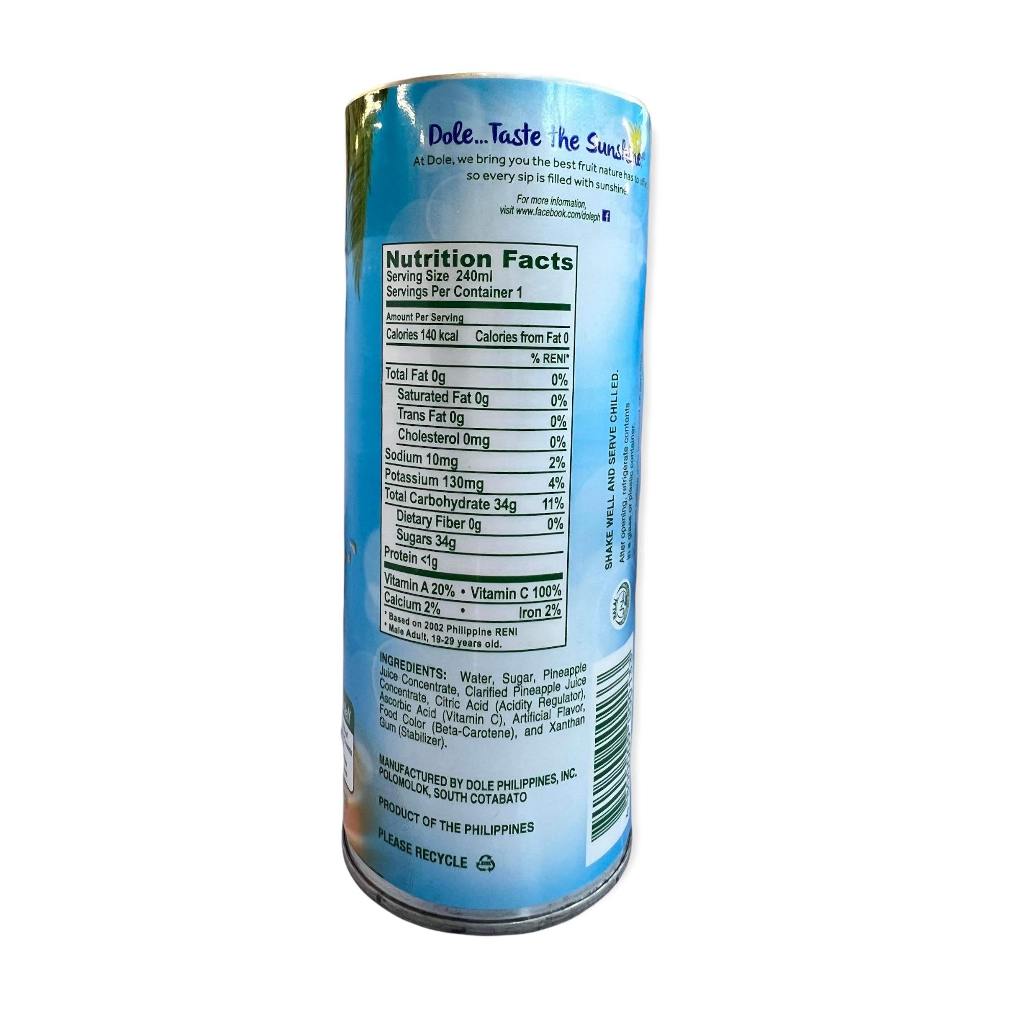 Dole Unsweetened 100% Pineapple Juice in 240ml Can