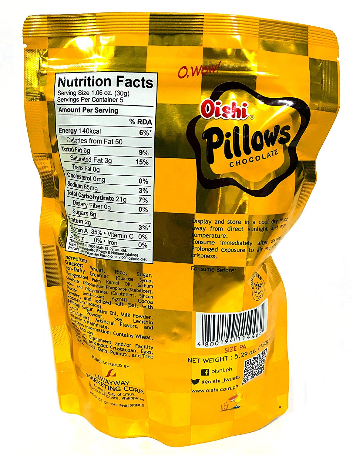 Oishi Big Party Size 150G Chocolate Filled Pillow-shaped Crunchy Crackers - Ideal for Snacking
