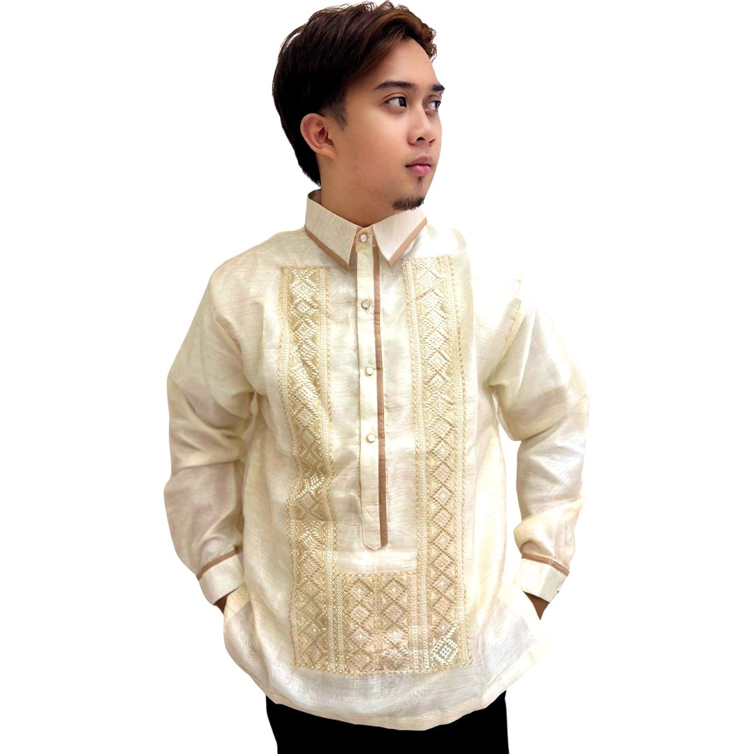 Exclusive Double - Lined Barong Tagalog with Piping and Brown Bayong Design