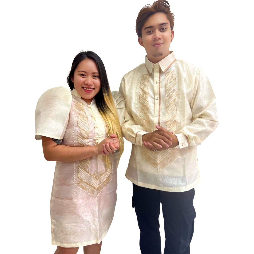Brown Leaves Pattern Special Double - Lined Barong Tagalog with Piping