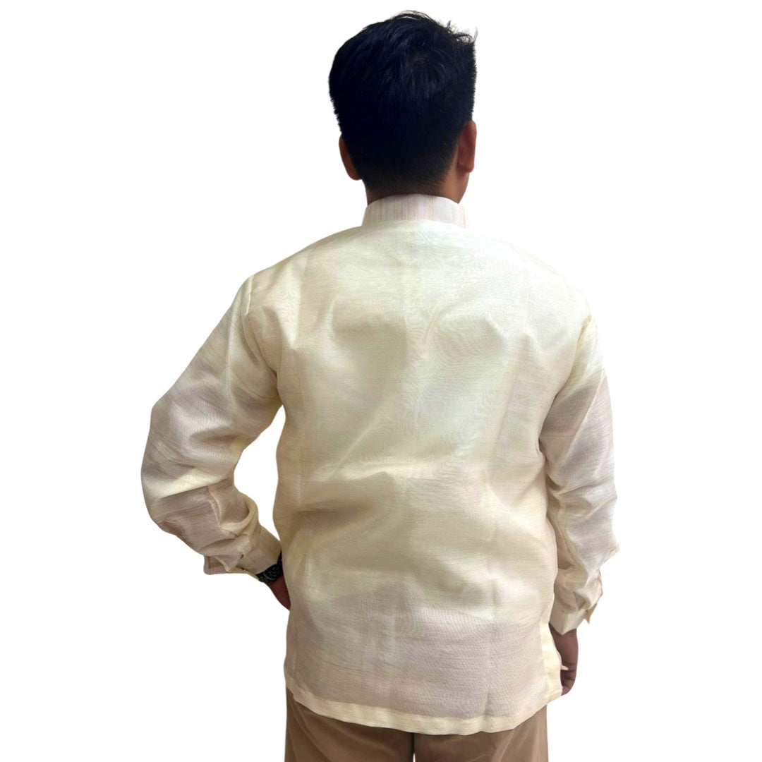 Special Double - Lined Barong Tagalog with Piping and Brown Abaca Leaves Bayong Pattern