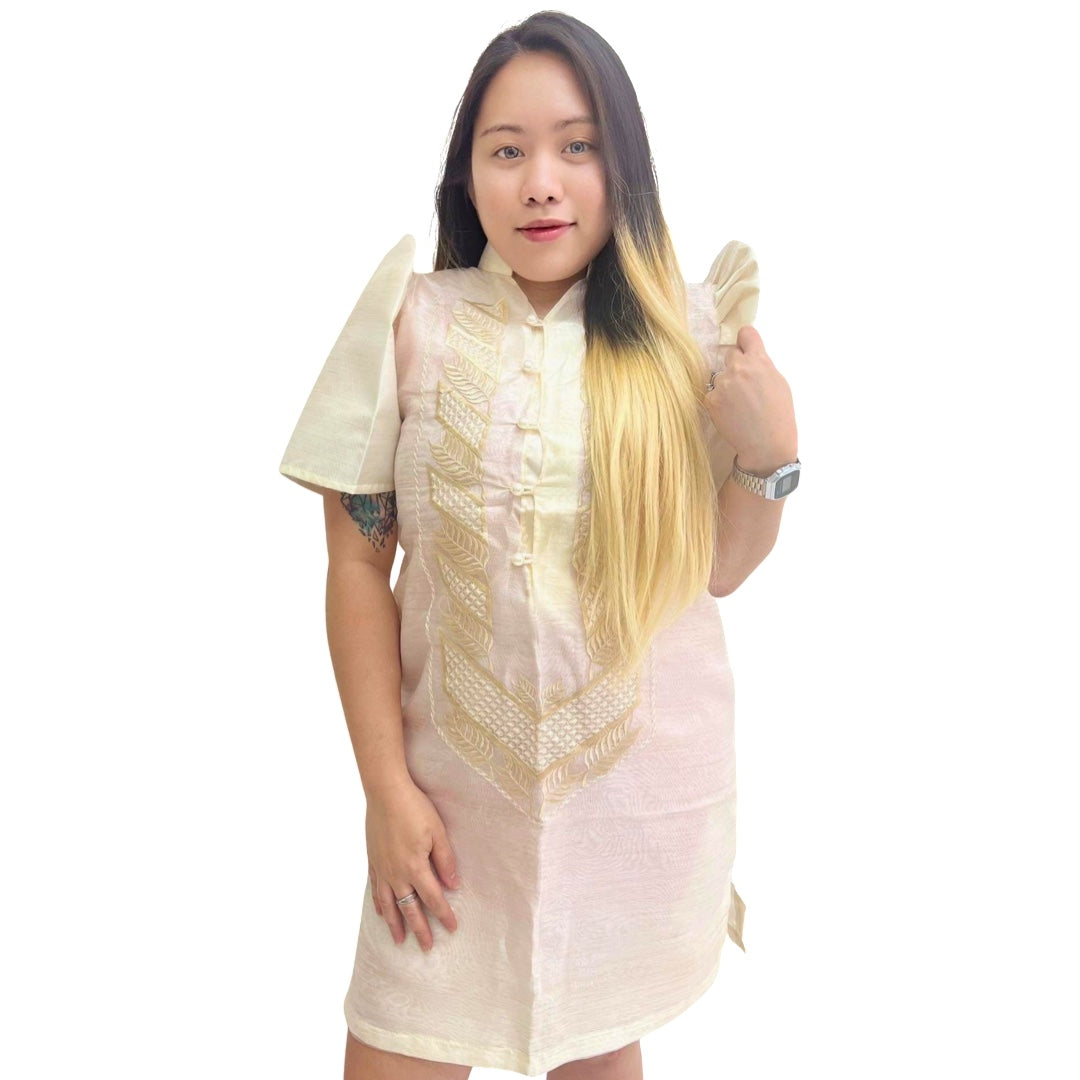 Special Double - Lined Baro't Saya Filipiniana with Piping Brown Leaf Design