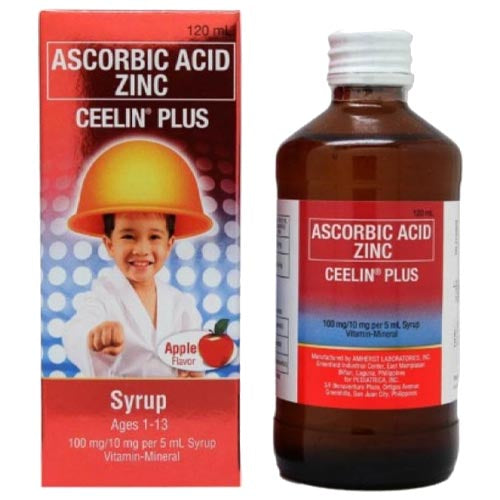 Ceelin Plus Ascorbic Acid Zinc Vitamin - 120 ML Apple Flavor (Red) for 1 - 13 Year Olds