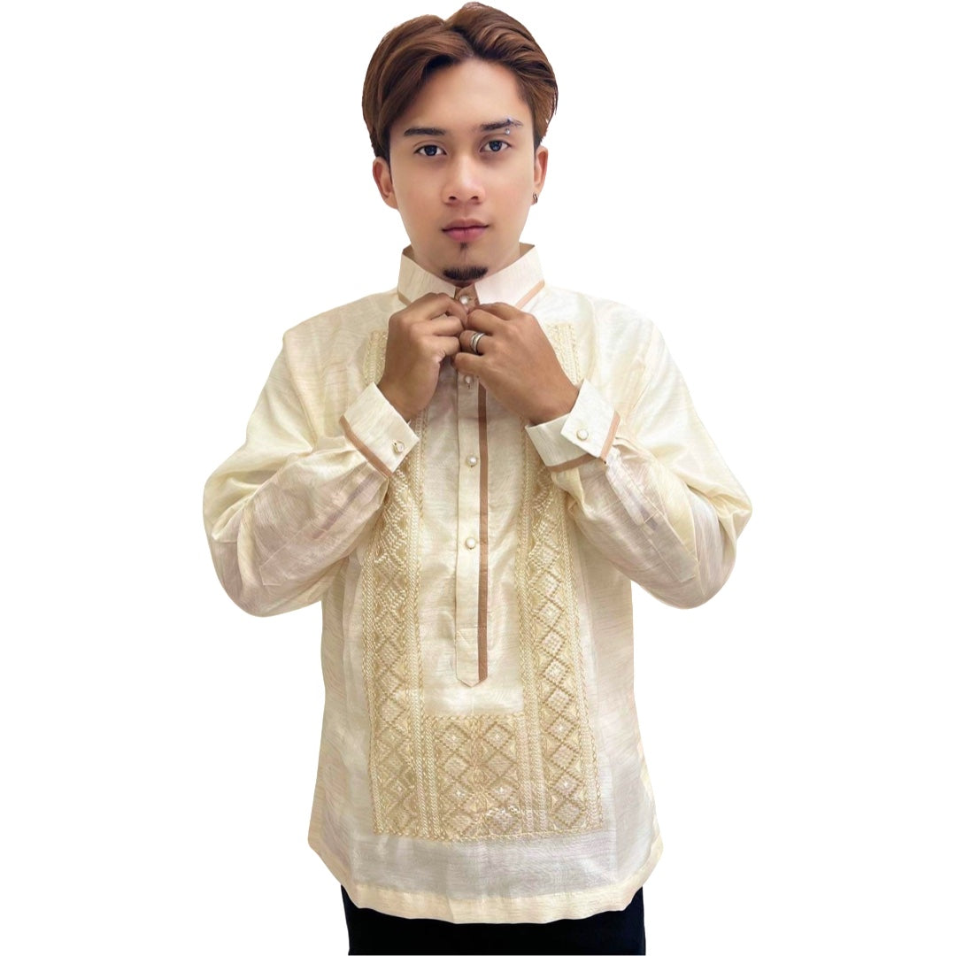 Exclusive Double - Lined Barong Tagalog with Piping and Brown Bayong Design