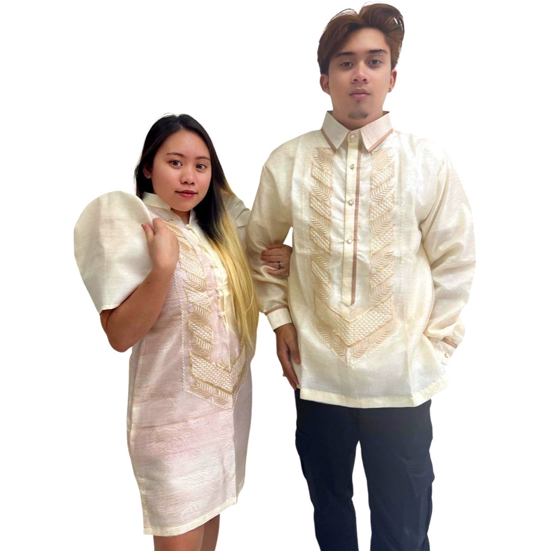 Special Double - Lined Baro't Saya Filipiniana with Piping Brown Leaf Design