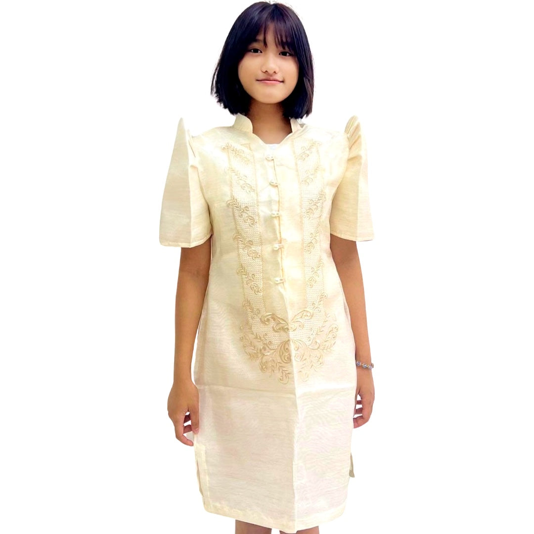 Special Double - Lined Baro't Saya Filipiniana with Piping and Brown Bayong Leaves Design, a Must - Have for Filipinas
