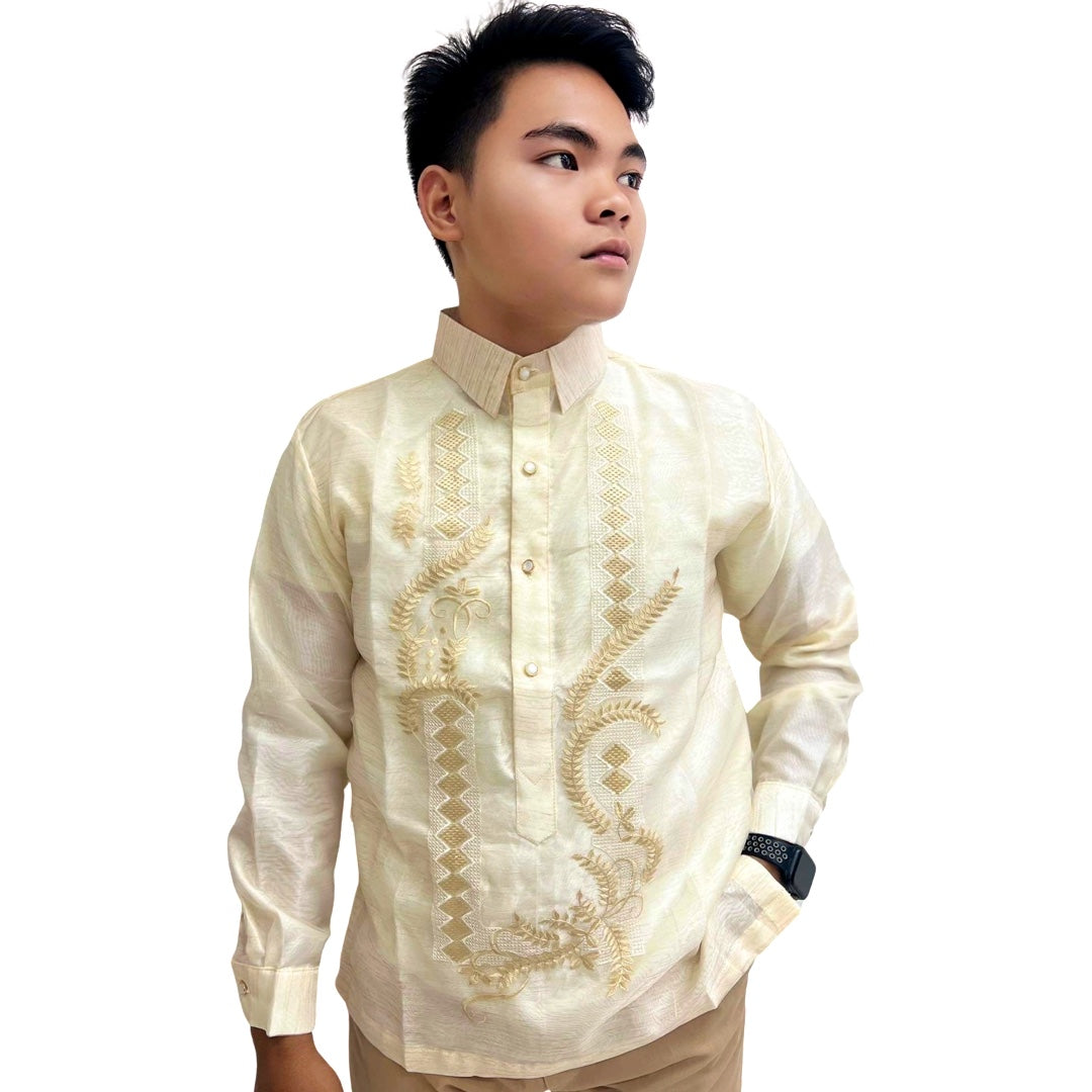 Special Double - Lined Barong Tagalog with Piping and Brown Abaca Leaves Bayong Pattern