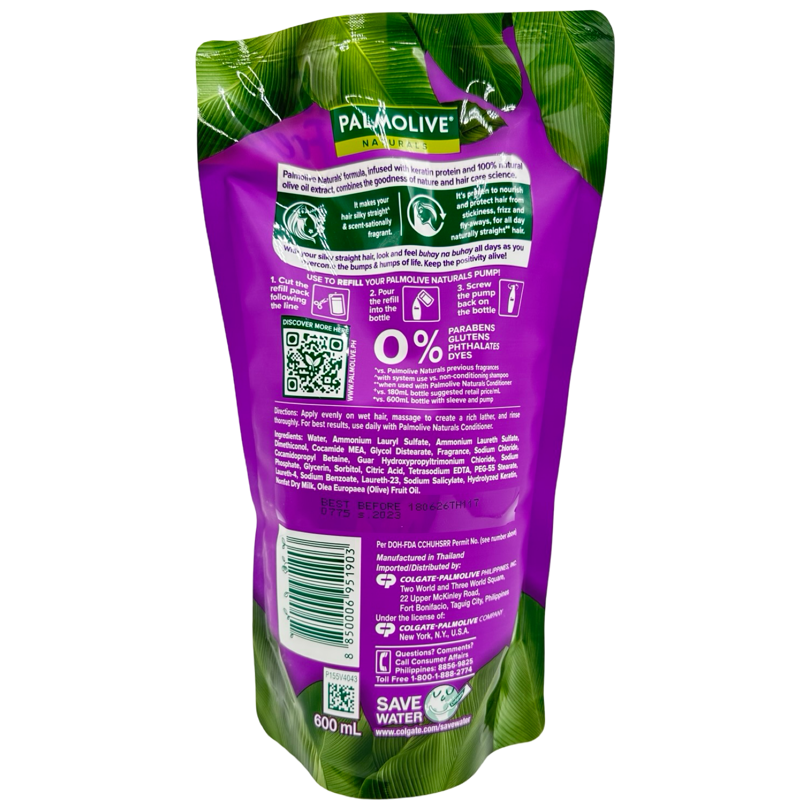 Palmolive Naturals 600ml Silky Straight Purple Shampoo Refill Pack - Great Value!