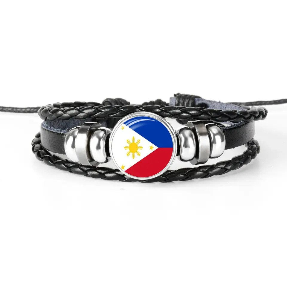 Hot! Unisex Philippine Flag Snap - Button Elastic Black Leather Men's Bracelet