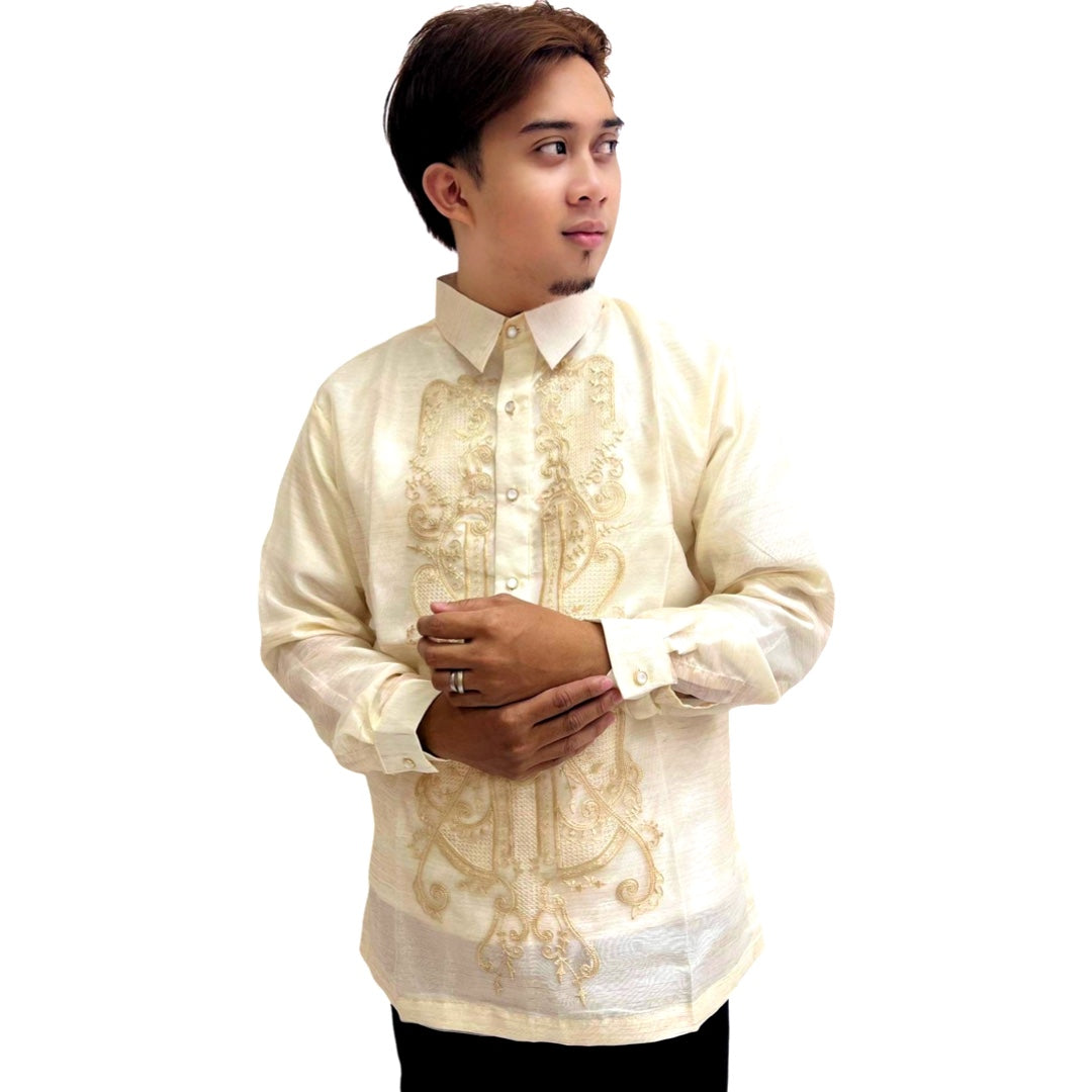 Special Offer! Brown Fish Scale Wave Design Barong Tagalog with Double Lining and Piping