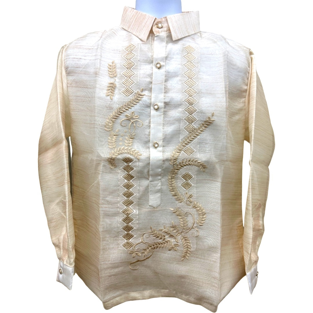 Special Double - Lined Barong Tagalog with Piping and Brown Abaca Leaves Bayong Pattern