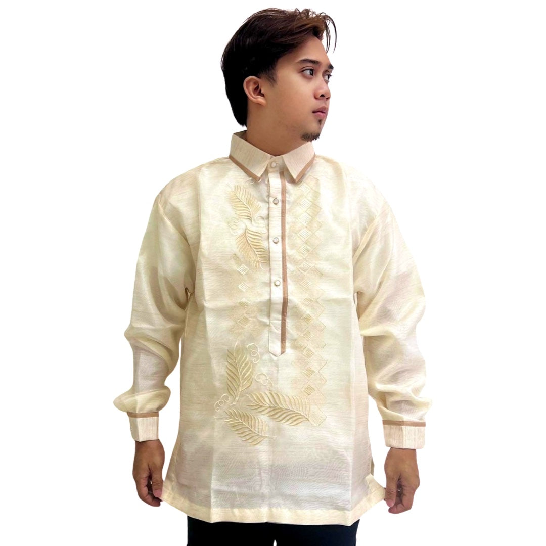 Exclusive Barong Tagalog with Double Lining, Piping and Brown Leaves Bayong Design - Special Offer