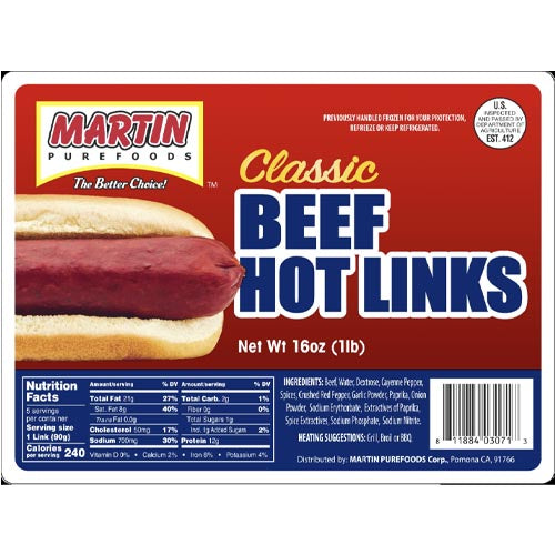 Martin Purefoods Classic 16-OZ Beef Hot Links - Perfect Filipino-style Delight