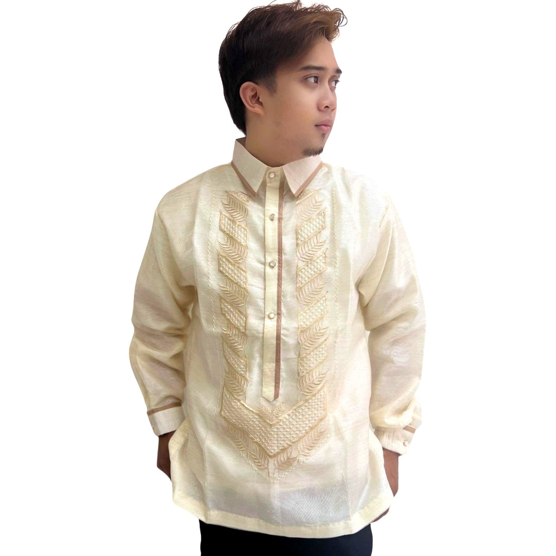 Brown Leaves Pattern Special Double - Lined Barong Tagalog with Piping