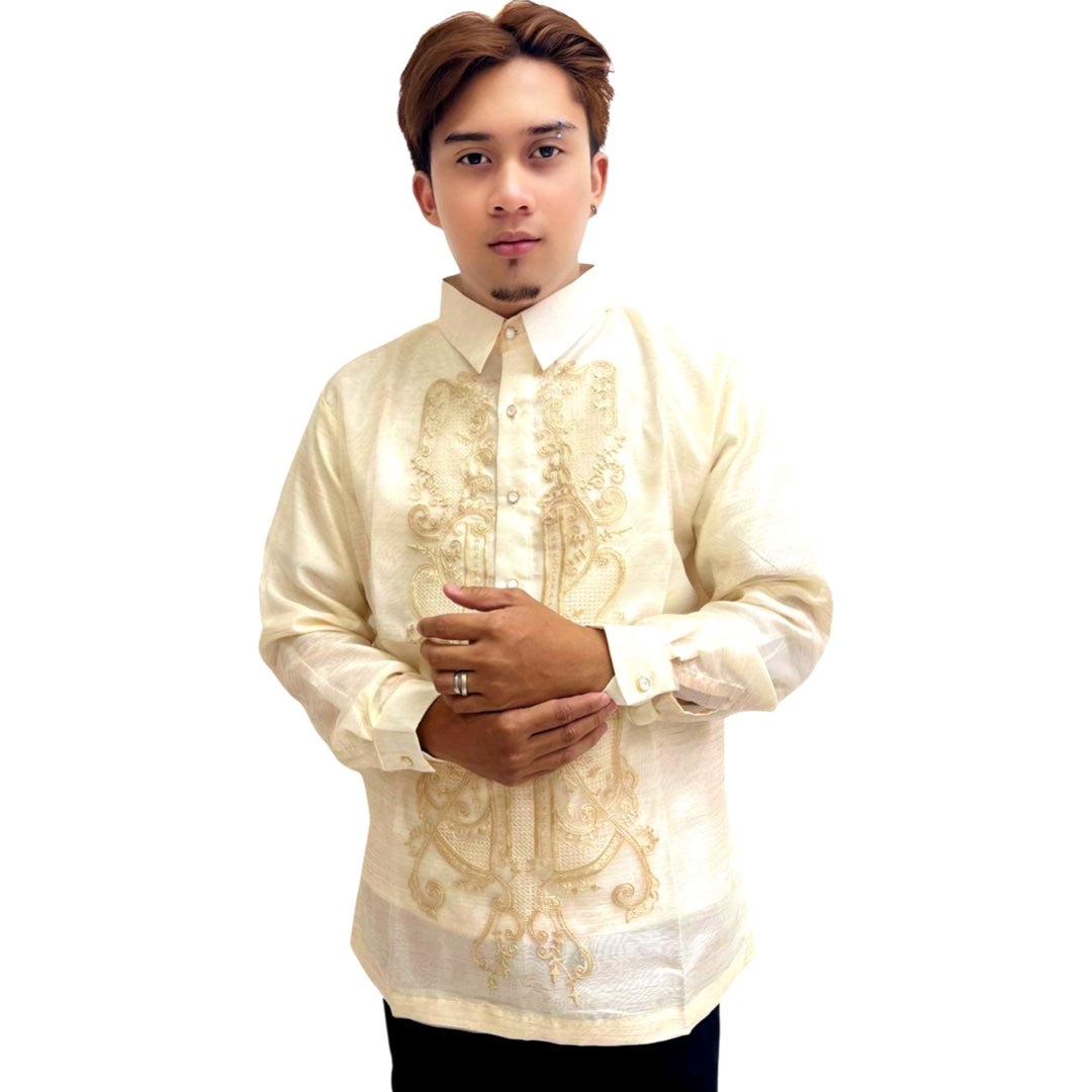 Special Offer! Brown Fish Scale Wave Design Barong Tagalog with Double Lining and Piping