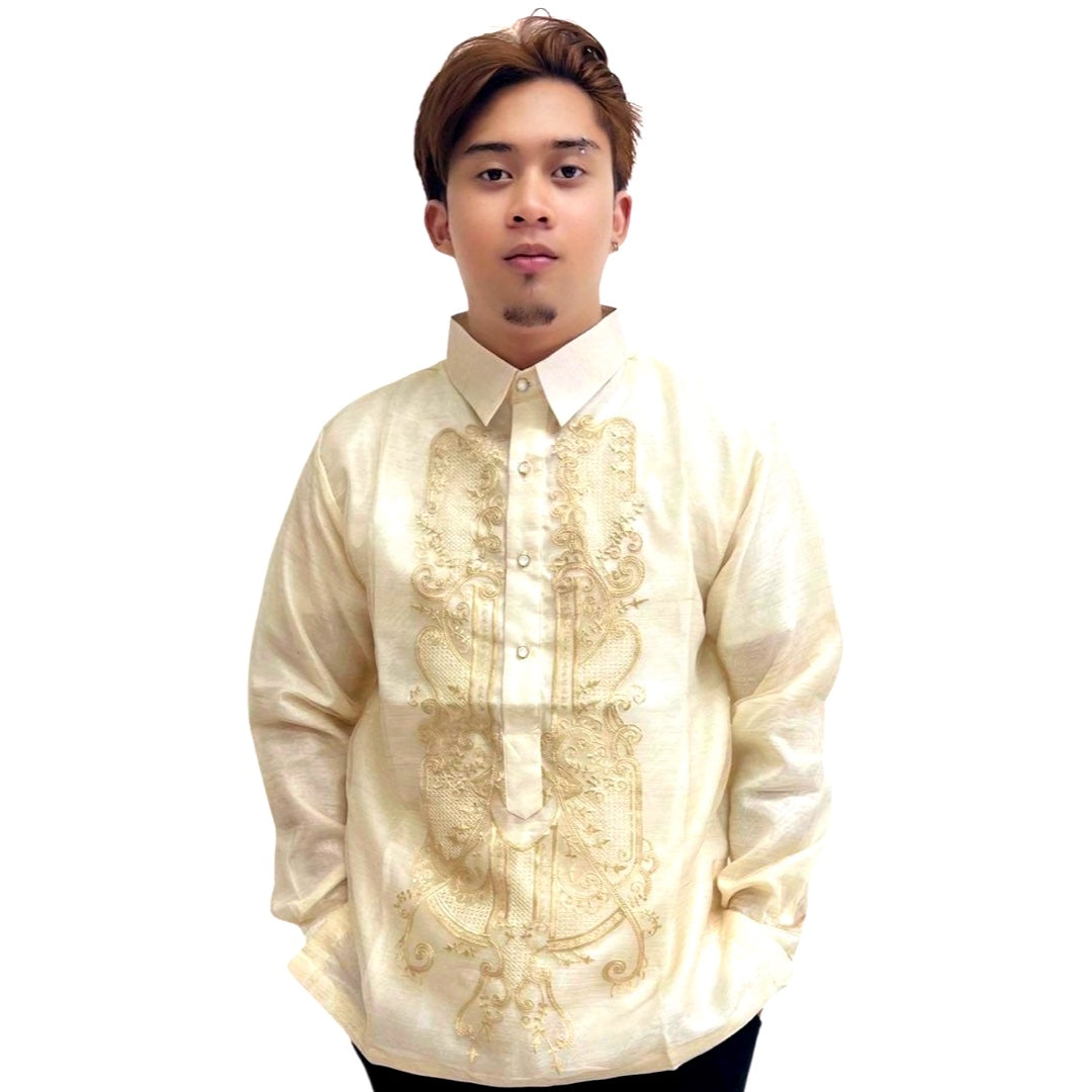Special Offer! Brown Fish Scale Wave Design Barong Tagalog with Double Lining and Piping