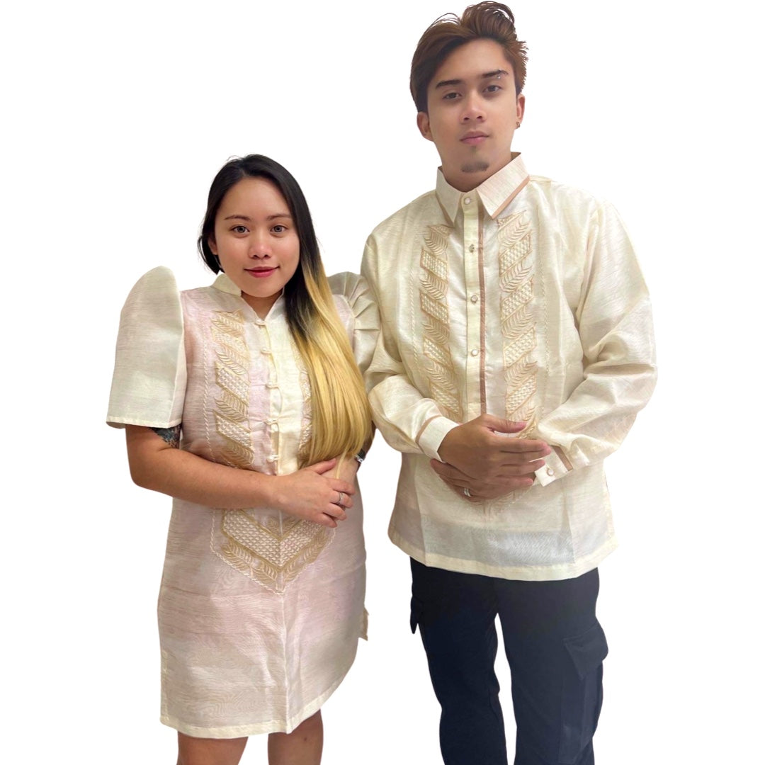 Special Double - Lined Baro't Saya Filipiniana with Piping Brown Leaf Design