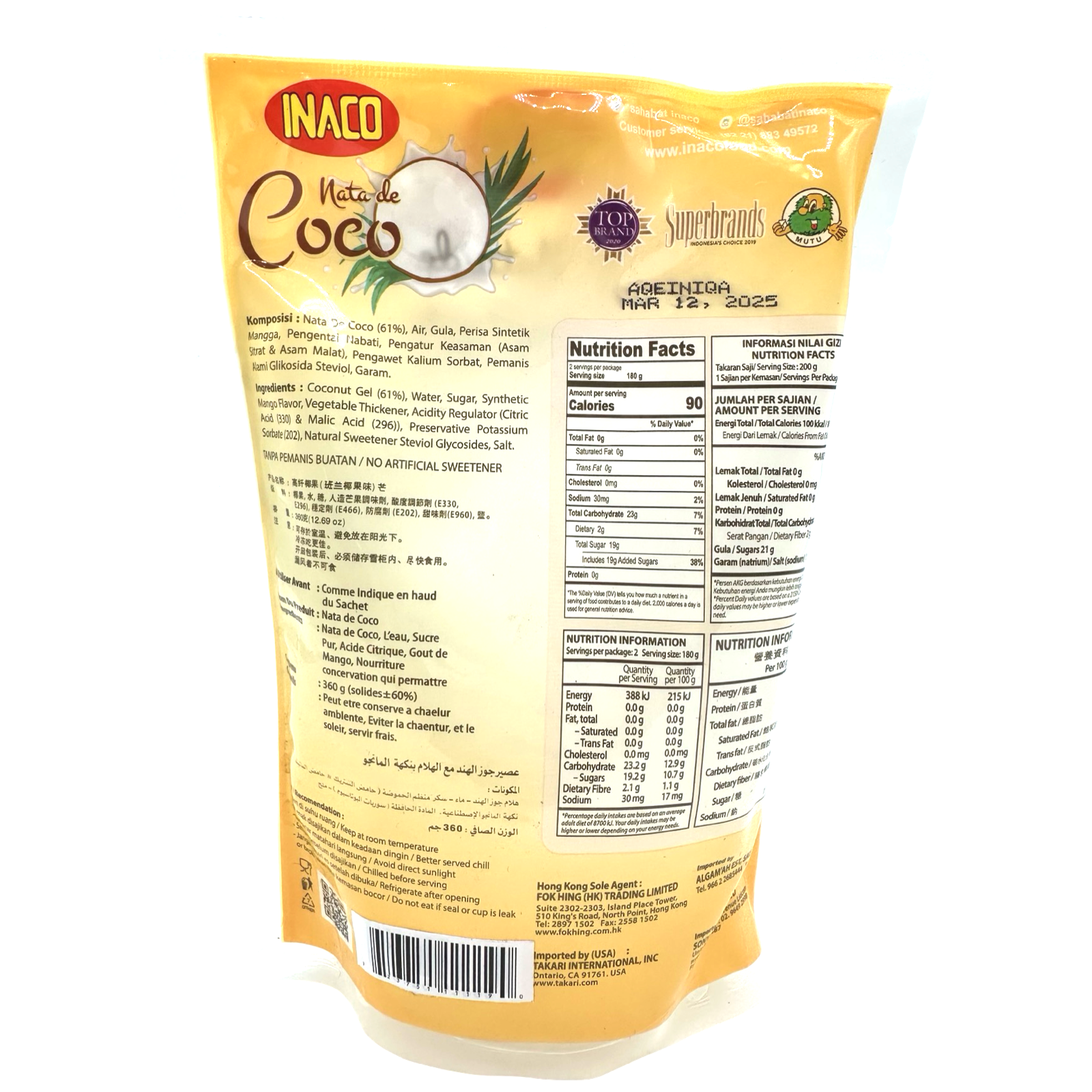 Inaco Mango Flavored Coconut Gel Nata De Coco in Syrup - 12.7 OZ - Tasty and Healthy Snack