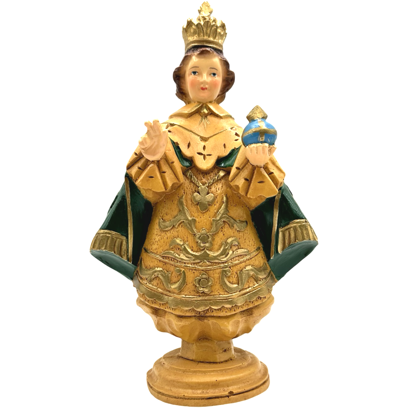 12.5x7 inches Handmade Green Sto. Niño Praga 8 Religious Statue Figurine - Philippine Handicrafts Sale