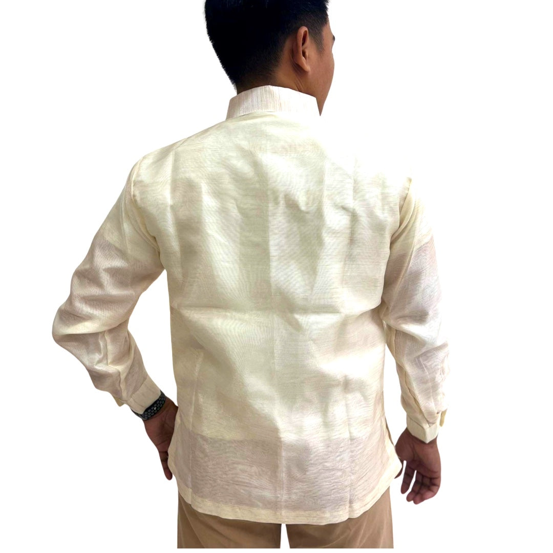 Special Double - Lined Barong Tagalog with Piping and Brown Abaca Leaves Bayong Pattern