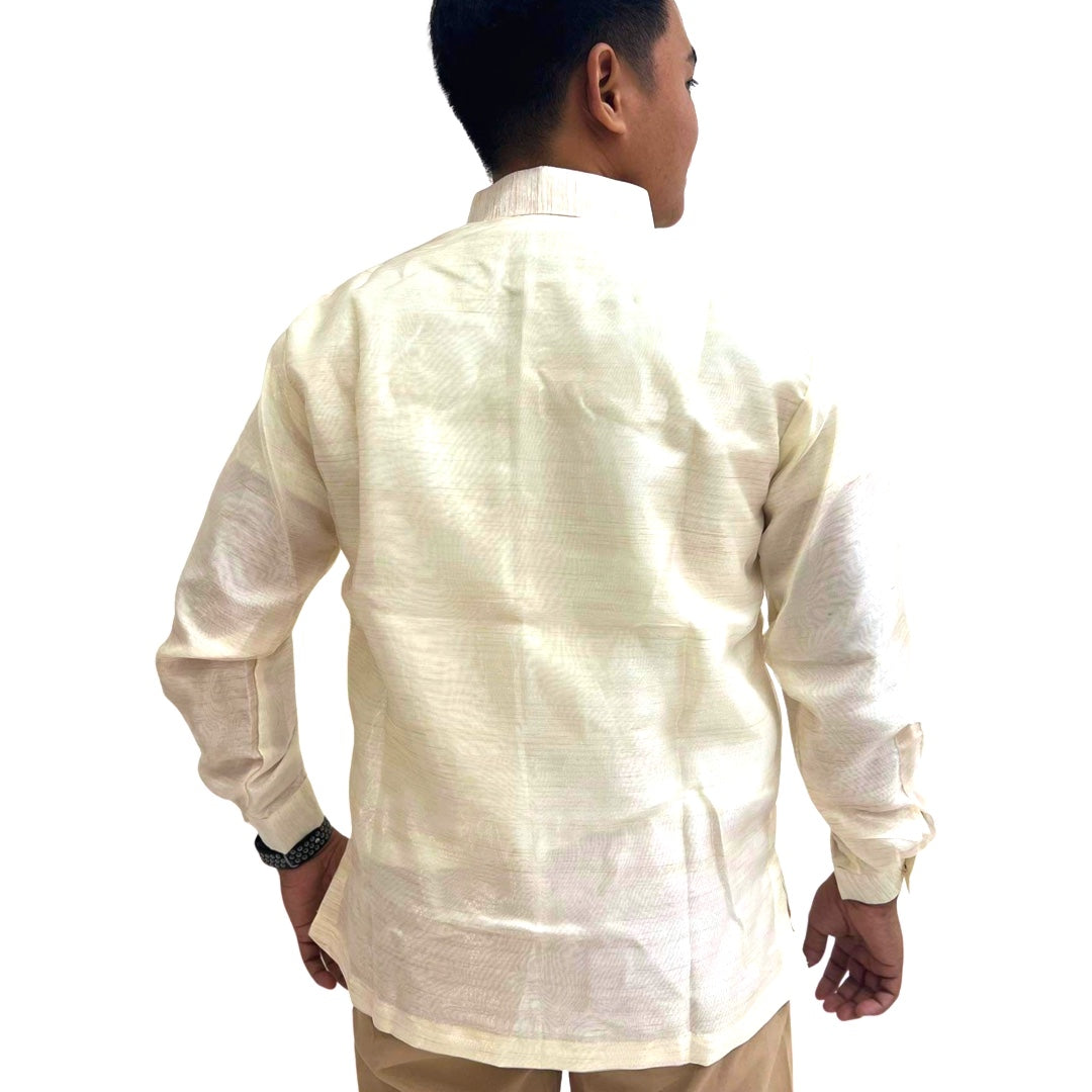 Special Double - Lined Barong Tagalog with Piping and Brown Abaca Leaves Bayong Pattern