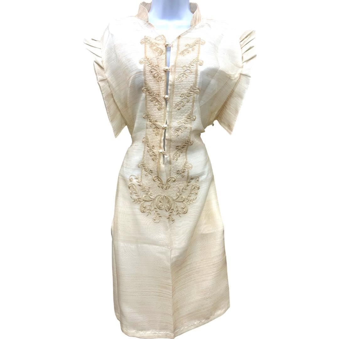 Special Double - Lined Baro't Saya Filipiniana with Piping and Brown Bayong Leaves Design, a Must - Have for Filipinas