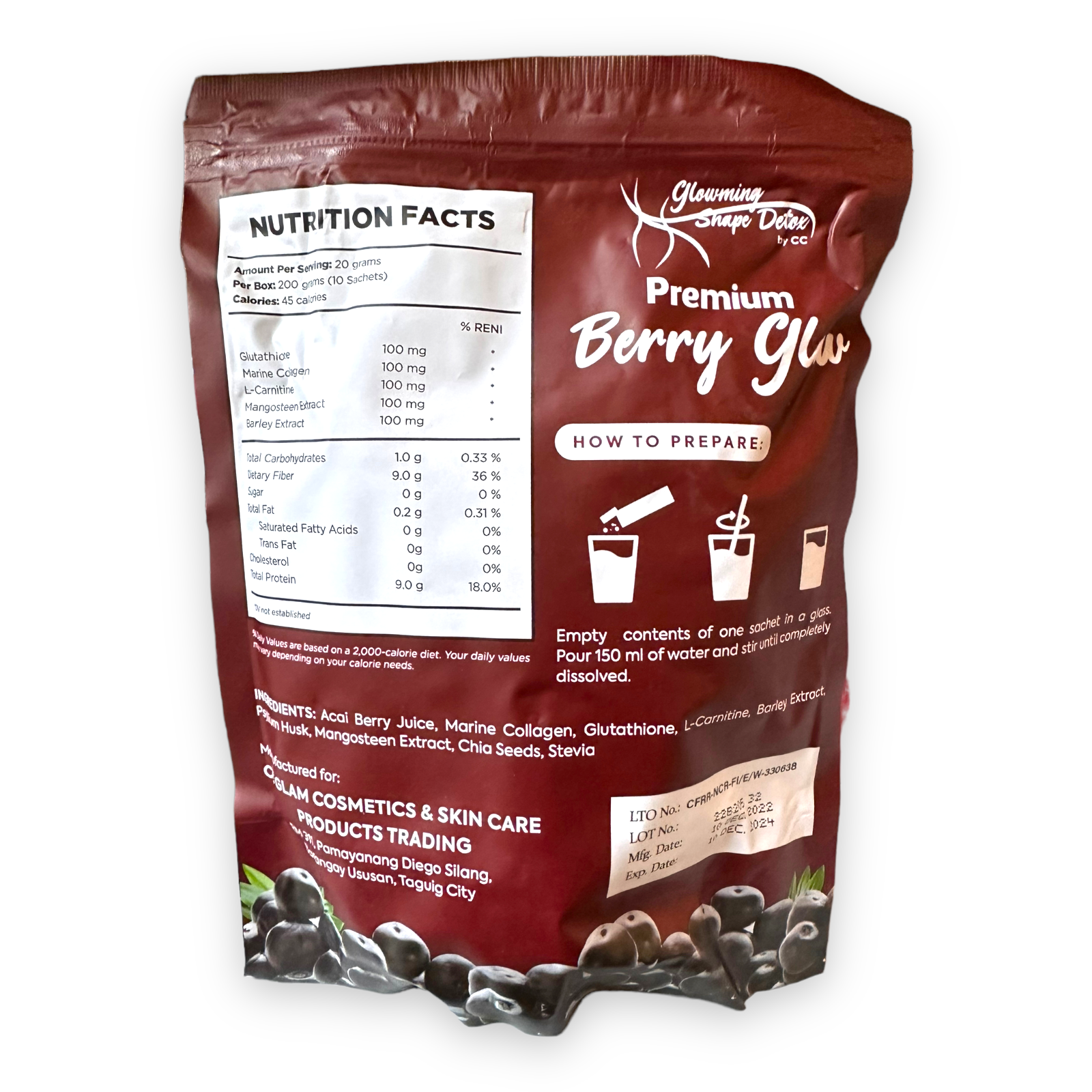 CC's Glowming Açaí Berry Juice Detox Drink - 10 Pack of 20g (Premium Berry Glow)