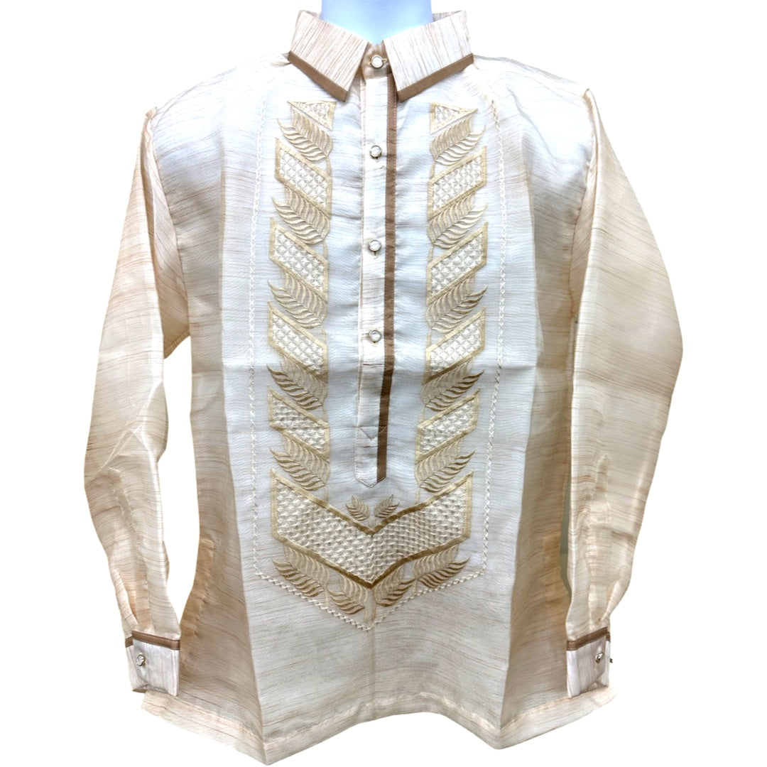 Brown Leaves Pattern Special Double - Lined Barong Tagalog with Piping
