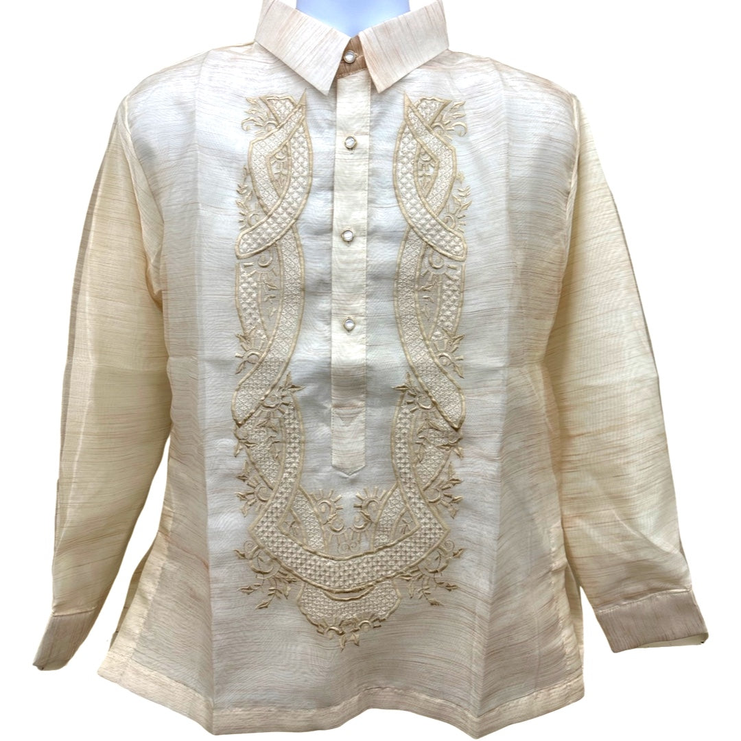 Special Double - Lined Barong Tagalog with Piping in Brown Sun Scale Design