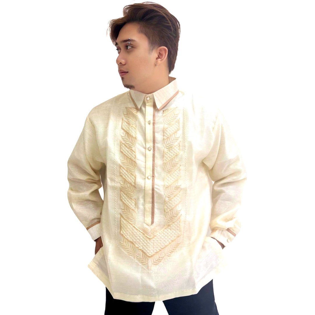 Brown Leaves Pattern Special Double - Lined Barong Tagalog with Piping