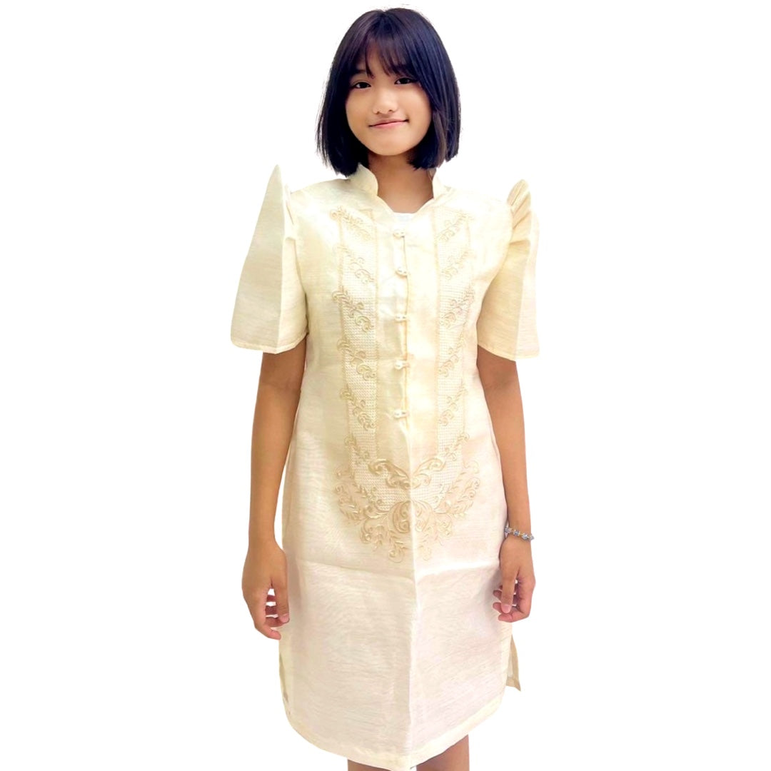 Special Double - Lined Baro't Saya Filipiniana with Piping and Brown Bayong Leaves Design, a Must - Have for Filipinas