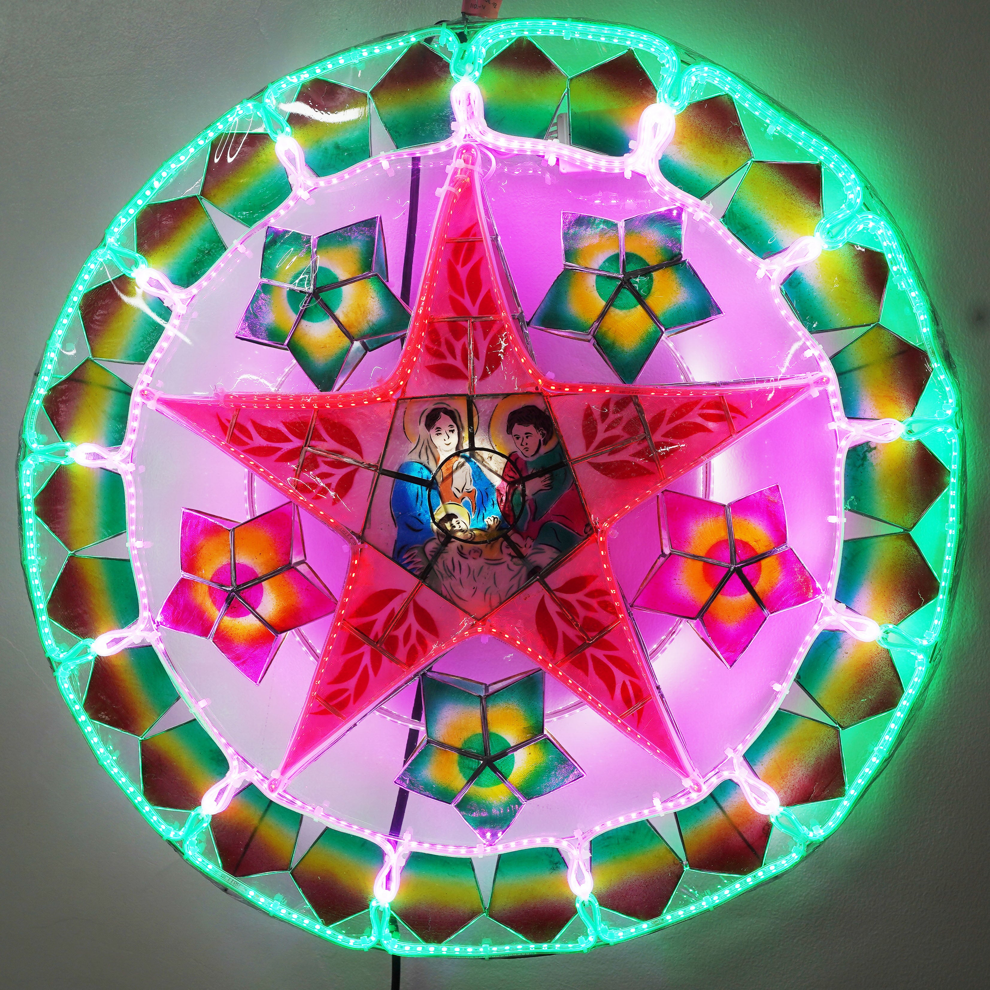 Hot Sale! Philippines Handmade Capiz Christmas Parol Lantern Star (Tala) with Nativity Scene - Green/Red/Purple, 24 Inches, 2 KG, 110V