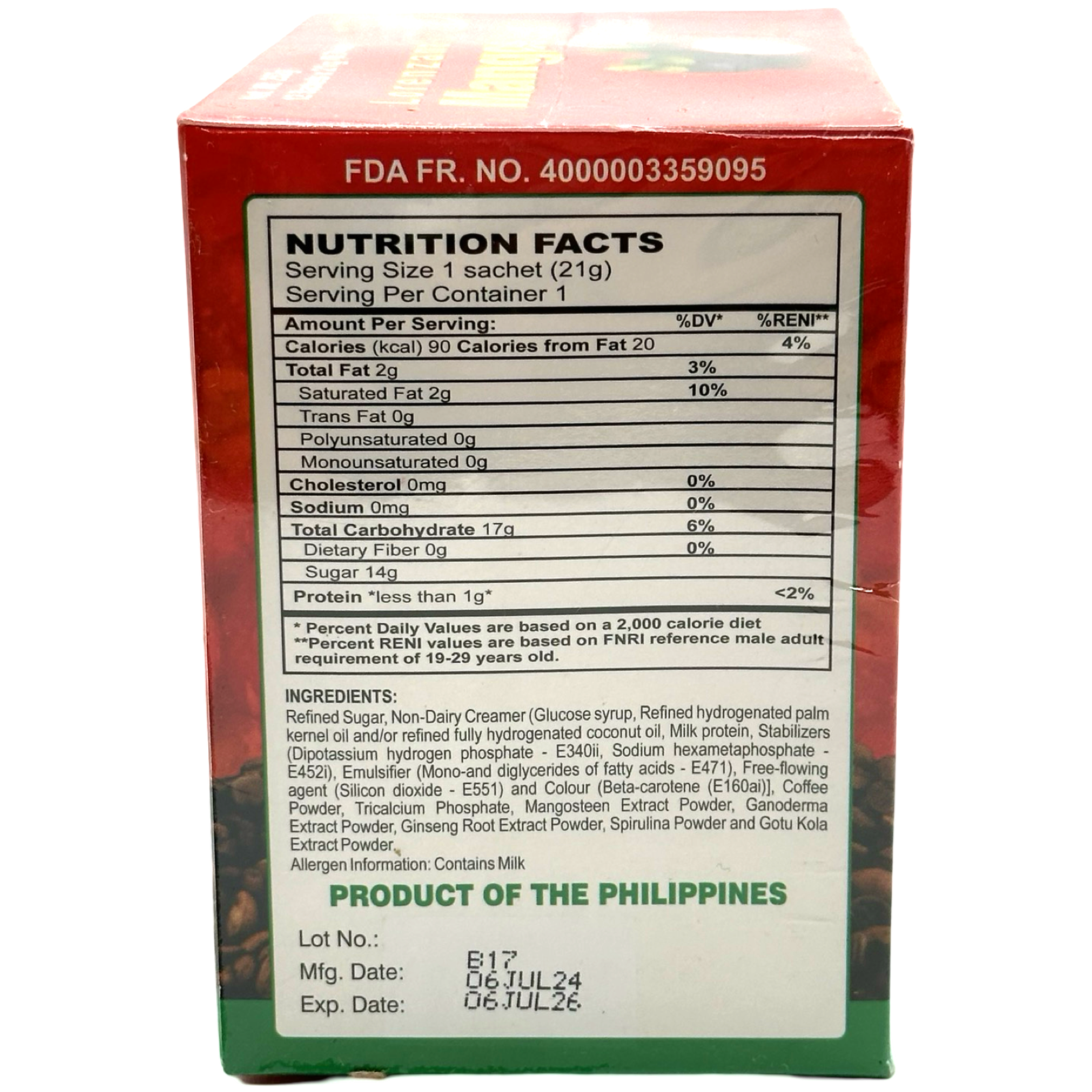 Amazing Lorenzana Mangosteen 8-in-1 Instant Coffee Pack - 12 Sachets (252 G) on Sale