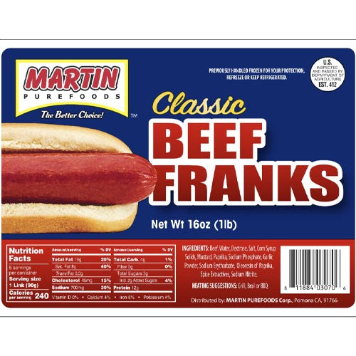 Martin Purefoods - 16 OZ Naturally Smoked Fully Cooked Classic Beef Franks