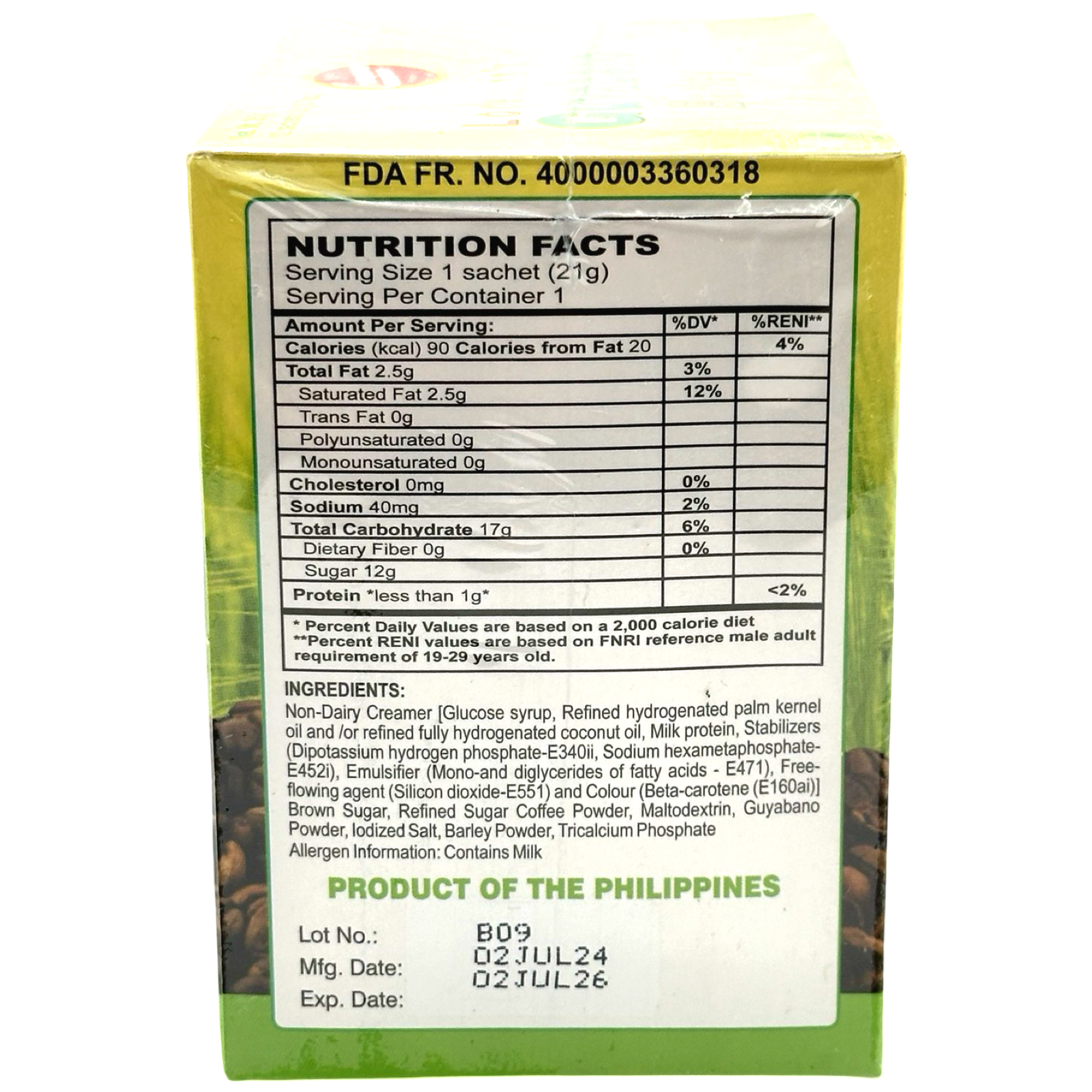 Special Offer! Lorenzana Guyabano Barley Coffee Mix - 12 Sachets (Total 252 G)